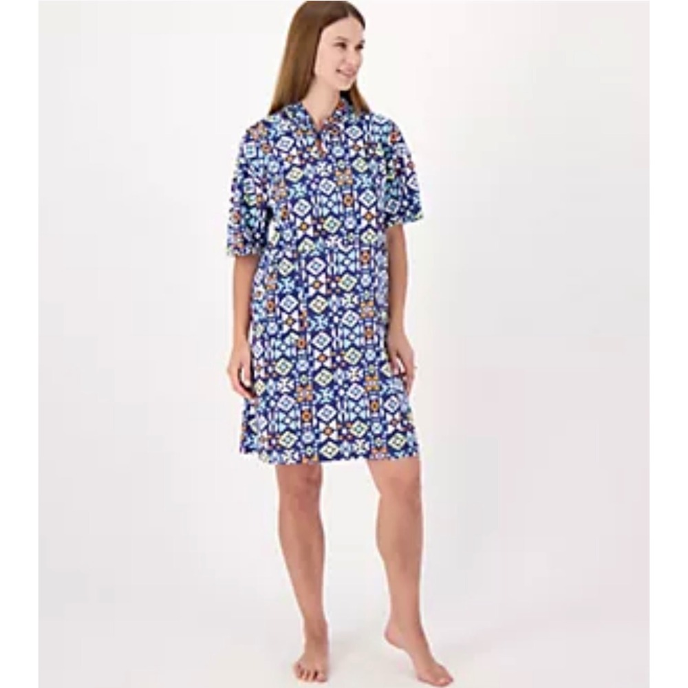 Stan Herman Women Blue Geometric Print Hooded Cotton Lounger Dress XL Coverup